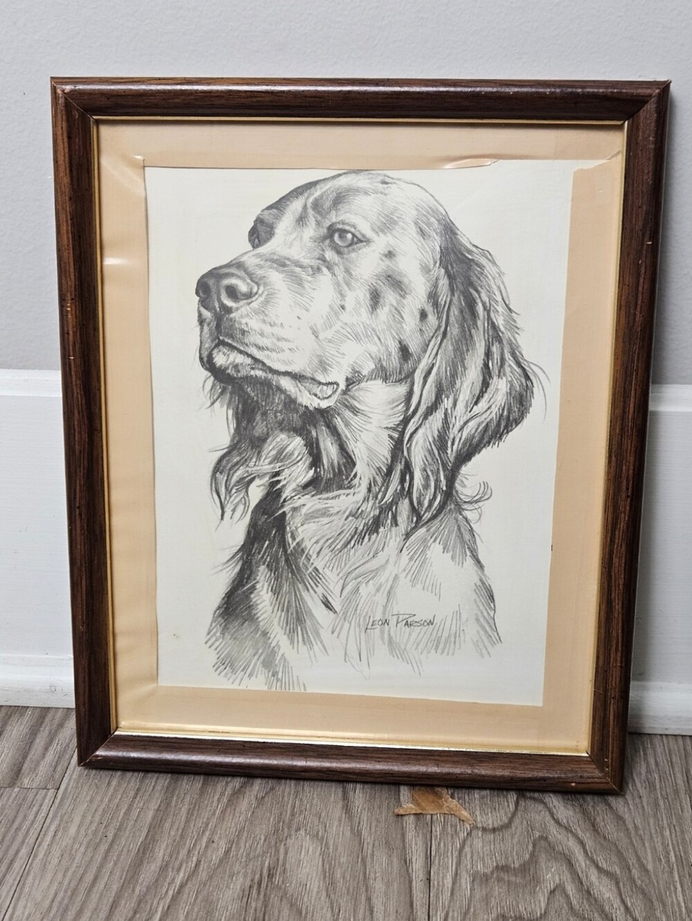 Vintage Leon Parson Irish Setter Framed Art Print Pencil Sketch Dog 9"x11"